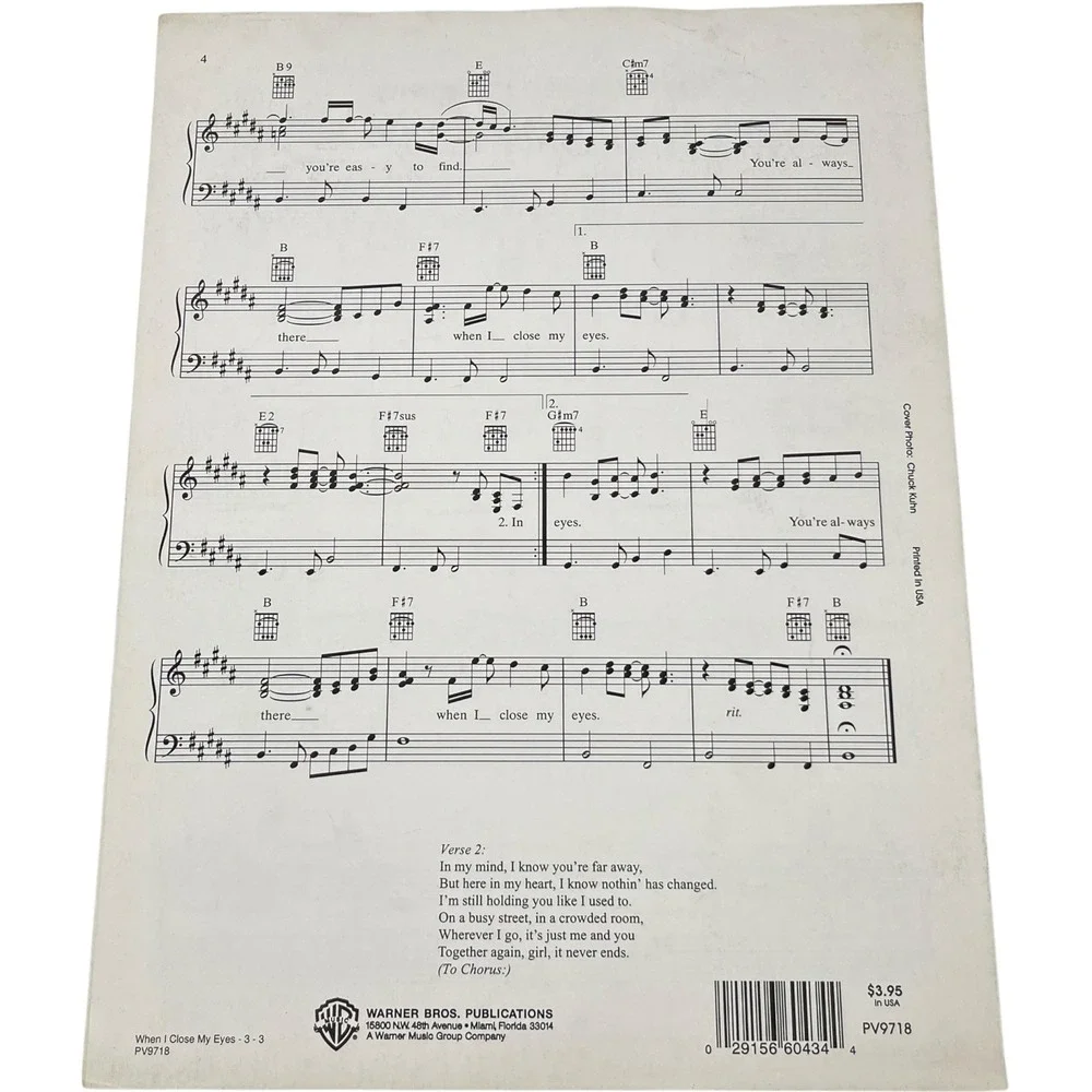 Kenny Chesney When I Close My Eyes Sheet Music Piano Vocal Guitar Vintage 1990